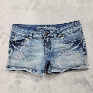 Max Rave Shorts Womens 9 Juniors Blue Splatter Cutoff Denim Hot Pants Casual